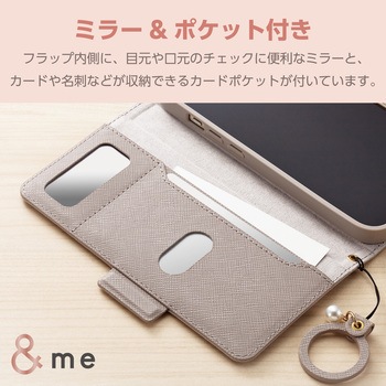 iPhone15 ケース レザー 手帳型 衝撃吸収 フィンガーストラップ付 ミラー付 &me Enchantee エレコム