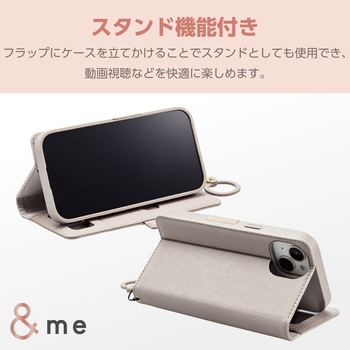 iPhone15 ケース レザー 手帳型 衝撃吸収 フィンガーストラップ付 ミラー付 &me Enchantee エレコム