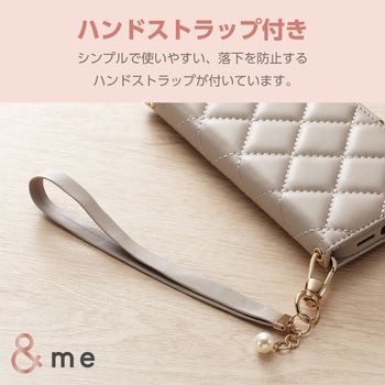 iPhone15 ケース レザー 手帳型 衝撃吸収 ハンドストラップ付 キルティング ミラー付 &me エレコム