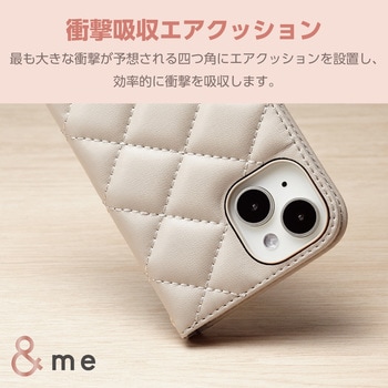 iPhone15 ケース レザー 手帳型 衝撃吸収 ハンドストラップ付 キルティング ミラー付 &me エレコム
