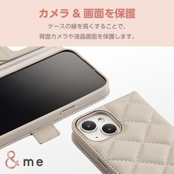 iPhone15 ケース レザー 手帳型 衝撃吸収 ハンドストラップ付 キルティング ミラー付 &me エレコム