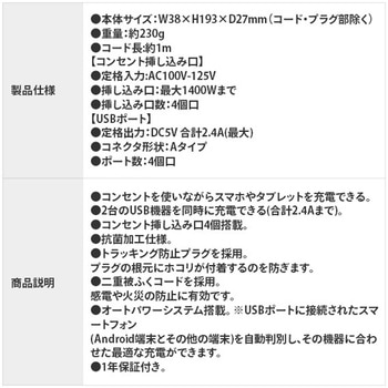 USB付き電源タップ 延長コード 抗菌仕様ホワイト色 TOPLAND