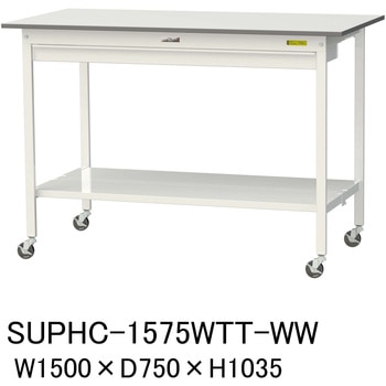 軽量作業台/耐荷重128kg_移動式_ワイド引き出し付_全面棚付_ワークテーブル150シリーズ_低圧メラミン天板 山金工業