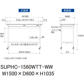 軽量作業台/耐荷重128kg_移動式_ワイド引き出し付_全面棚付_ワークテーブル150シリーズ_低圧メラミン天板 山金工業