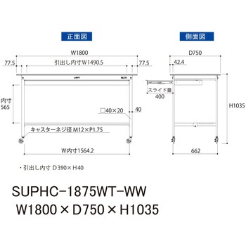 軽量作業台/耐荷重128kg_移動式_ワイド引き出し付_半面棚付_ワークテーブル150シリーズ_低圧メラミン天板 山金工業