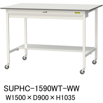 軽量作業台/耐荷重128kg_移動式_ワイド引き出し付_半面棚付_ワークテーブル150シリーズ_低圧メラミン天板 山金工業