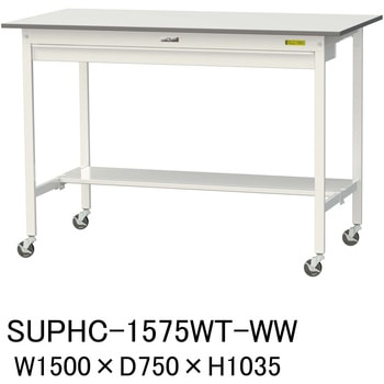 軽量作業台/耐荷重128kg_移動式_ワイド引き出し付_半面棚付_ワークテーブル150シリーズ_低圧メラミン天板 山金工業