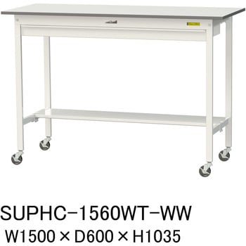 軽量作業台/耐荷重128kg_移動式_ワイド引き出し付_半面棚付_ワークテーブル150シリーズ_低圧メラミン天板 山金工業