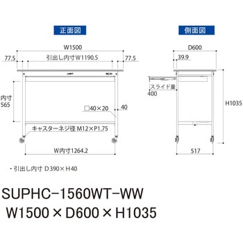 軽量作業台/耐荷重128kg_移動式_ワイド引き出し付_半面棚付_ワークテーブル150シリーズ_低圧メラミン天板 山金工業