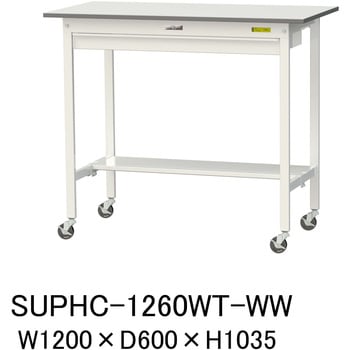 軽量作業台/耐荷重128kg_移動式_ワイド引き出し付_半面棚付_ワークテーブル150シリーズ_低圧メラミン天板 山金工業