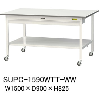 軽量作業台/耐荷重128kg_移動式_ワイド引き出し付_全面棚付_ワークテーブル150シリーズ_低圧メラミン天板 山金工業