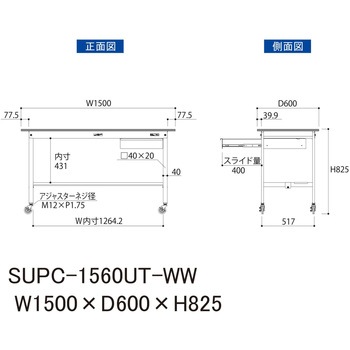 軽量作業台/耐荷重128kg_引き出し付_移動式H825_半面棚板付_ワークテーブル150シリーズ 山金工業