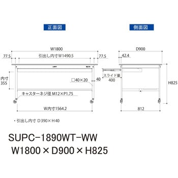 軽量作業台/耐荷重128kg_ワイド引き出し付_移動式H825_半面棚板付_ワークテーブル150シリーズ 山金工業