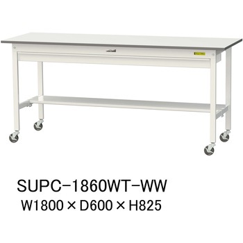 軽量作業台/耐荷重128kg_ワイド引き出し付_移動式H825_半面棚板付_ワークテーブル150シリーズ 山金工業