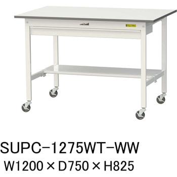 軽量作業台/耐荷重128kg_ワイド引き出し付_移動式H825_半面棚板付_ワークテーブル150シリーズ 山金工業
