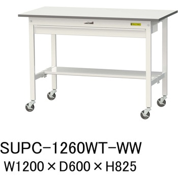 軽量作業台/耐荷重128kg_ワイド引き出し付_移動式H825_半面棚板付_ワークテーブル150シリーズ 山金工業
