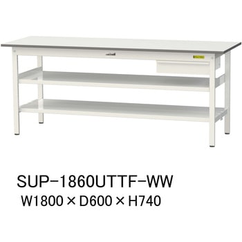 軽量作業台/耐荷重150kg_引き出し付_中間棚付固定式H740_全面棚板付_ワークテーブル150シリーズ 山金工業