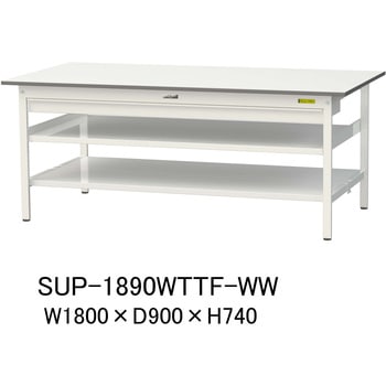 軽量作業台/耐荷重150kg_ワイド引き出し付_中間棚付固定式H740_全面棚板付_ワークテーブル150シリーズ 山金工業