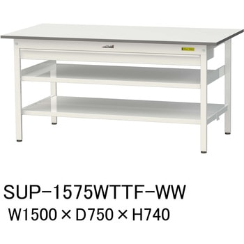 軽量作業台/耐荷重150kg_ワイド引き出し付_中間棚付固定式H740_全面棚板付_ワークテーブル150シリーズ 山金工業