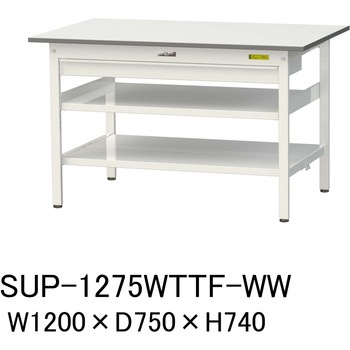 軽量作業台/耐荷重150kg_ワイド引き出し付_中間棚付固定式H740_全面棚板付_ワークテーブル150シリーズ 山金工業