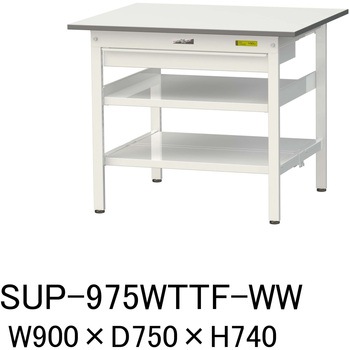 軽量作業台/耐荷重150kg_ワイド引き出し付_中間棚付固定式H740_全面棚板付_ワークテーブル150シリーズ 山金工業