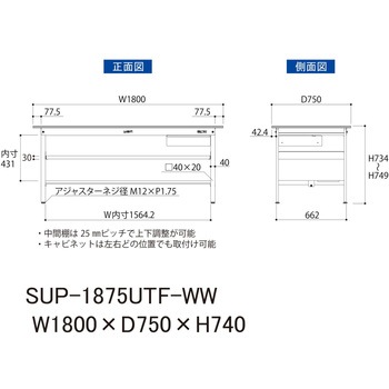軽量作業台/耐荷重150kg_引き出し付_中間棚付固定式H740_半面棚板付_ワークテーブル150シリーズ 山金工業