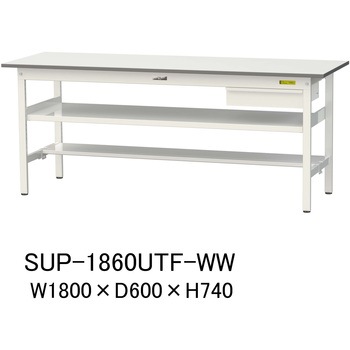軽量作業台/耐荷重150kg_引き出し付_中間棚付固定式H740_半面棚板付_ワークテーブル150シリーズ 山金工業