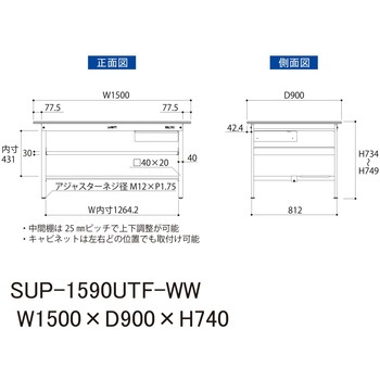 軽量作業台/耐荷重150kg_引き出し付_中間棚付固定式H740_半面棚板付_ワークテーブル150シリーズ 山金工業