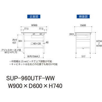 軽量作業台/耐荷重150kg_引き出し付_中間棚付固定式H740_半面棚板付_ワークテーブル150シリーズ 山金工業