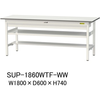 軽量作業台/耐荷重150kg_ワイド引き出し付_中間棚付固定式H740_半面棚板付_ワークテーブル150シリーズ 山金工業
