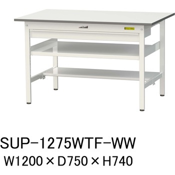 軽量作業台/耐荷重150kg_ワイド引き出し付_中間棚付固定式H740_半面棚板付_ワークテーブル150シリーズ 山金工業