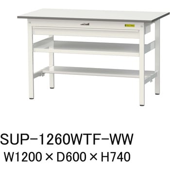 軽量作業台/耐荷重150kg_ワイド引き出し付_中間棚付固定式H740_半面棚板付_ワークテーブル150シリーズ 山金工業