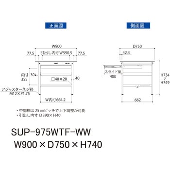 軽量作業台/耐荷重150kg_ワイド引き出し付_中間棚付固定式H740_半面棚板付_ワークテーブル150シリーズ 山金工業