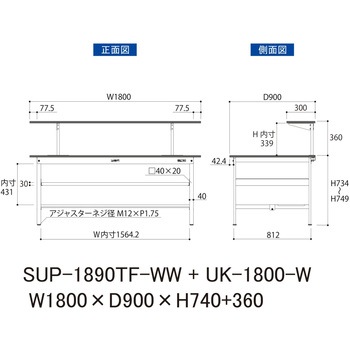 軽量作業台/耐荷重150kg_架台付_中間棚付固定式H740_半面棚板付_ワークテーブル150シリーズ 山金工業