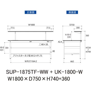 軽量作業台/耐荷重150kg_架台付_中間棚付固定式H740_半面棚板付_ワークテーブル150シリーズ 山金工業