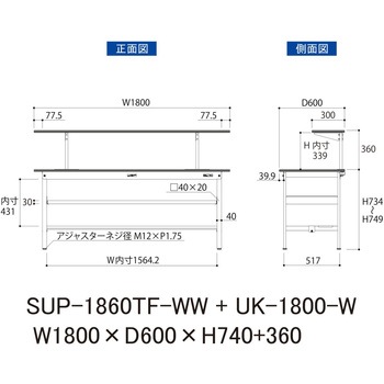 軽量作業台/耐荷重150kg_架台付_中間棚付固定式H740_半面棚板付_ワークテーブル150シリーズ 山金工業
