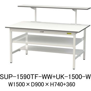 軽量作業台/耐荷重150kg_架台付_中間棚付固定式H740_半面棚板付_ワークテーブル150シリーズ 山金工業