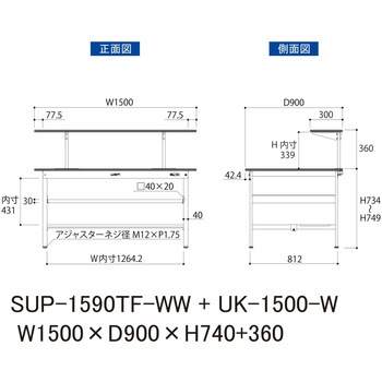 軽量作業台/耐荷重150kg_架台付_中間棚付固定式H740_半面棚板付_ワークテーブル150シリーズ 山金工業