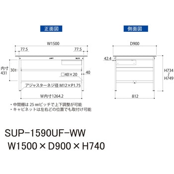 軽量作業台/耐荷重150kg_引き出し付_中間棚付固定式H740_ワークテーブル150シリーズ 山金工業