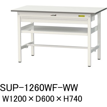 軽量作業台/耐荷重150kg_ワイド引き出し付_中間棚付固定式H740_ワークテーブル150シリーズ 山金工業