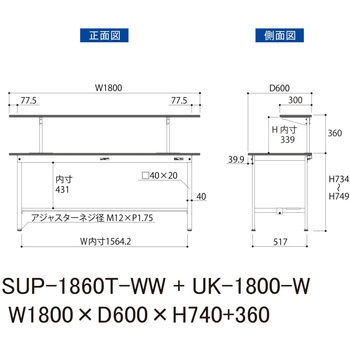 軽量作業台/耐荷重150kg_架台付_固定式H740_半面棚板付_ワークテーブル150シリーズ 山金工業