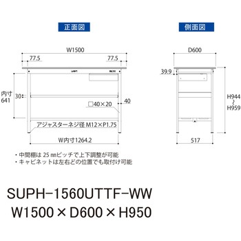 軽量作業台/耐荷重150kg_引き出し付_中間棚付固定式H950_全面棚板付_ワークテーブル150シリーズ 山金工業