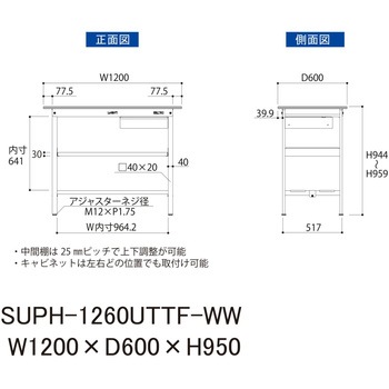 軽量作業台/耐荷重150kg_引き出し付_中間棚付固定式H950_全面棚板付_ワークテーブル150シリーズ 山金工業