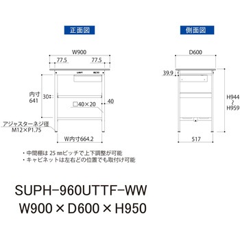 軽量作業台/耐荷重150kg_引き出し付_中間棚付固定式H950_全面棚板付_ワークテーブル150シリーズ 山金工業