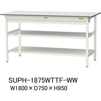 軽量作業台/耐荷重150kg_ワイド引き出し付_中間棚付固定式H950_全面棚板付_ワークテーブル150シリーズ 山金工業