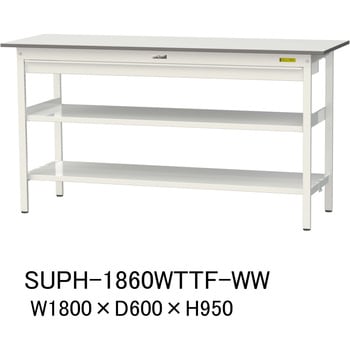 軽量作業台/耐荷重150kg_ワイド引き出し付_中間棚付固定式H950_全面棚板付_ワークテーブル150シリーズ 山金工業