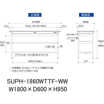 軽量作業台/耐荷重150kg_ワイド引き出し付_中間棚付固定式H950_全面棚板付_ワークテーブル150シリーズ 山金工業