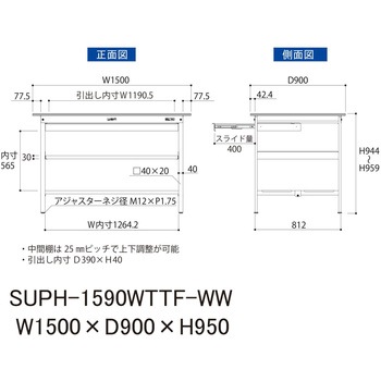 軽量作業台/耐荷重150kg_ワイド引き出し付_中間棚付固定式H950_全面棚板付_ワークテーブル150シリーズ 山金工業