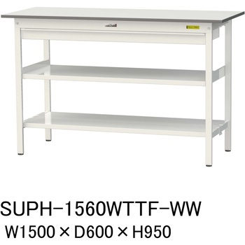軽量作業台/耐荷重150kg_ワイド引き出し付_中間棚付固定式H950_全面棚板付_ワークテーブル150シリーズ 山金工業
