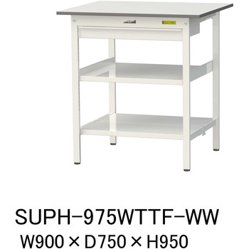 軽量作業台/耐荷重150kg_ワイド引き出し付_中間棚付固定式H950_全面棚板付_ワークテーブル150シリーズ 山金工業